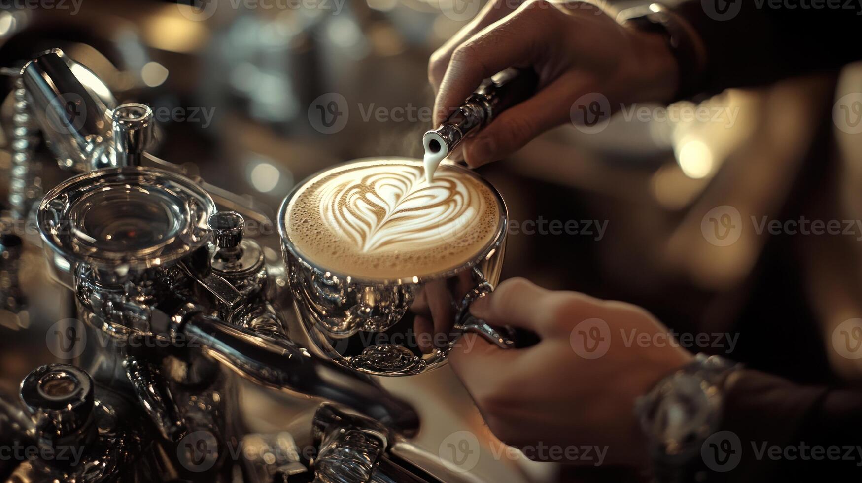 Barista creating latte art in a coffee shop photo
