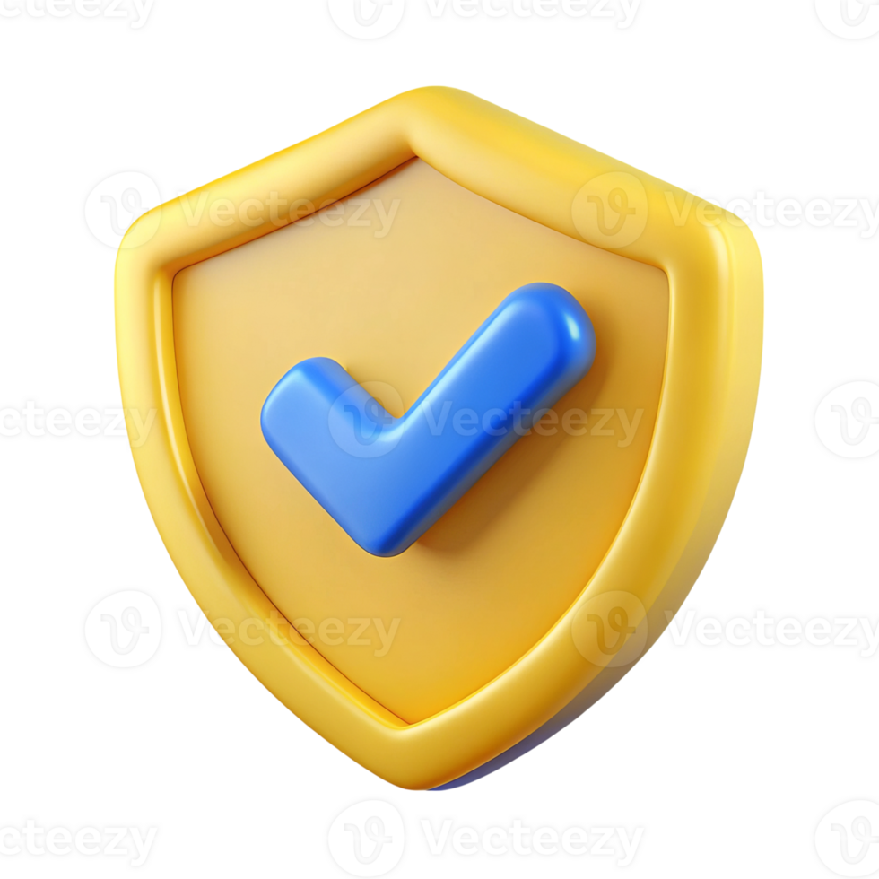 3d render yellow shield with blue checkmark isolated on transparent background png