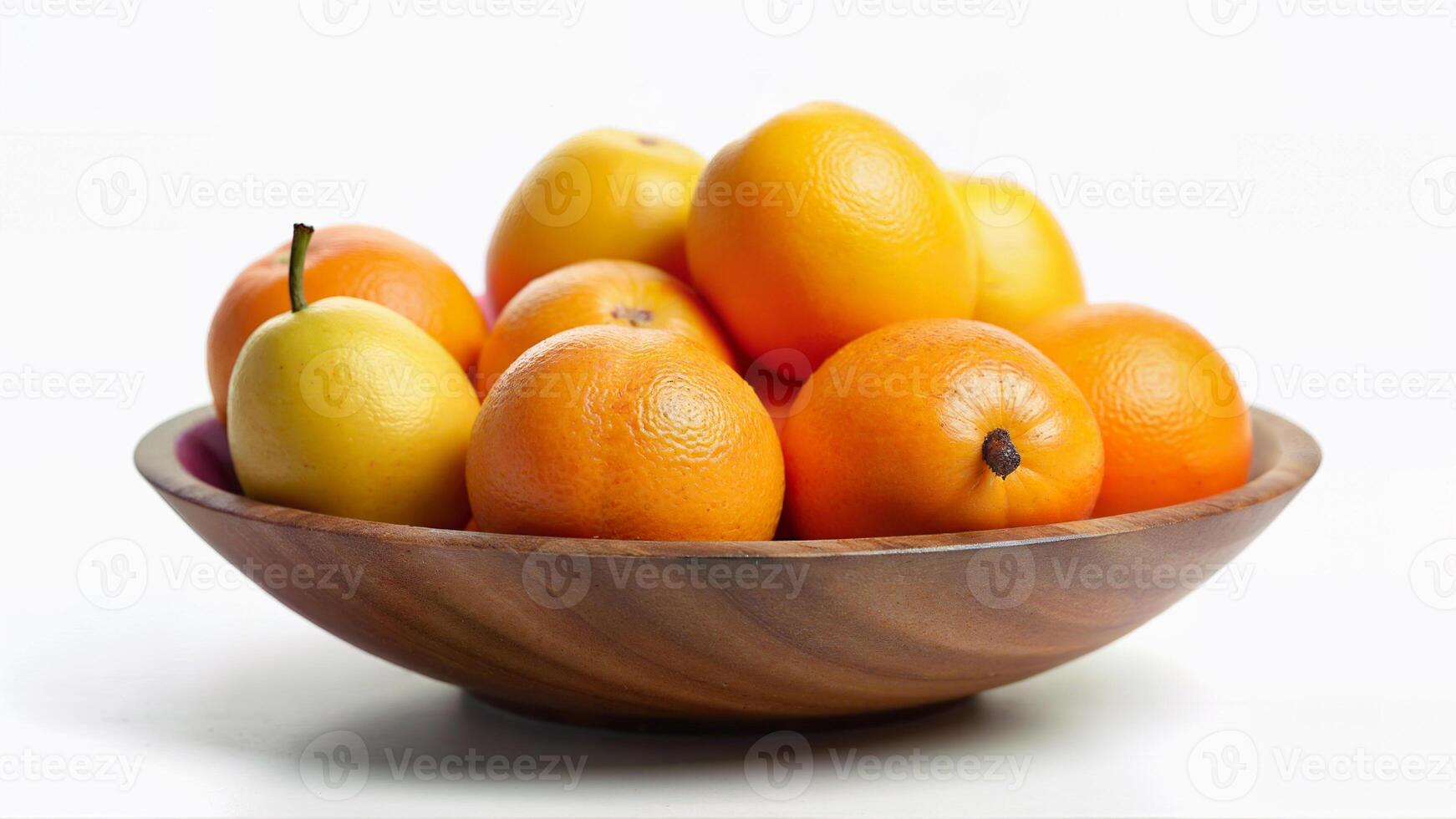 A wooden bowl filled with fresh oranges and lemons isolated on a white background. Suitable for illustrating healthy eating, fruit selection, or food presentation. photo