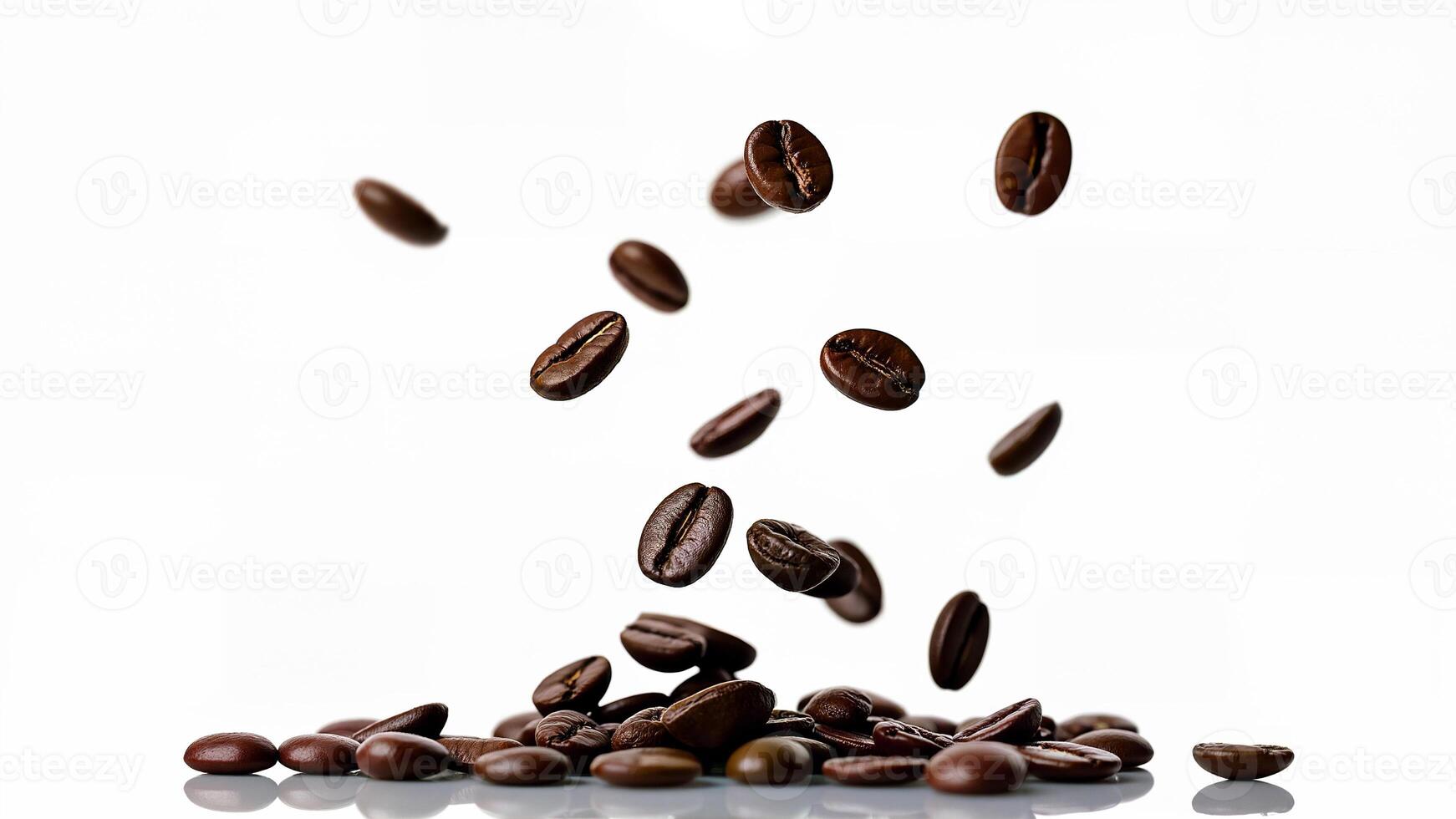 Roasted coffee beans are captured in mid-air above a pile, isolated on a white background. For illustrating coffee, food, or beverage concepts. photo