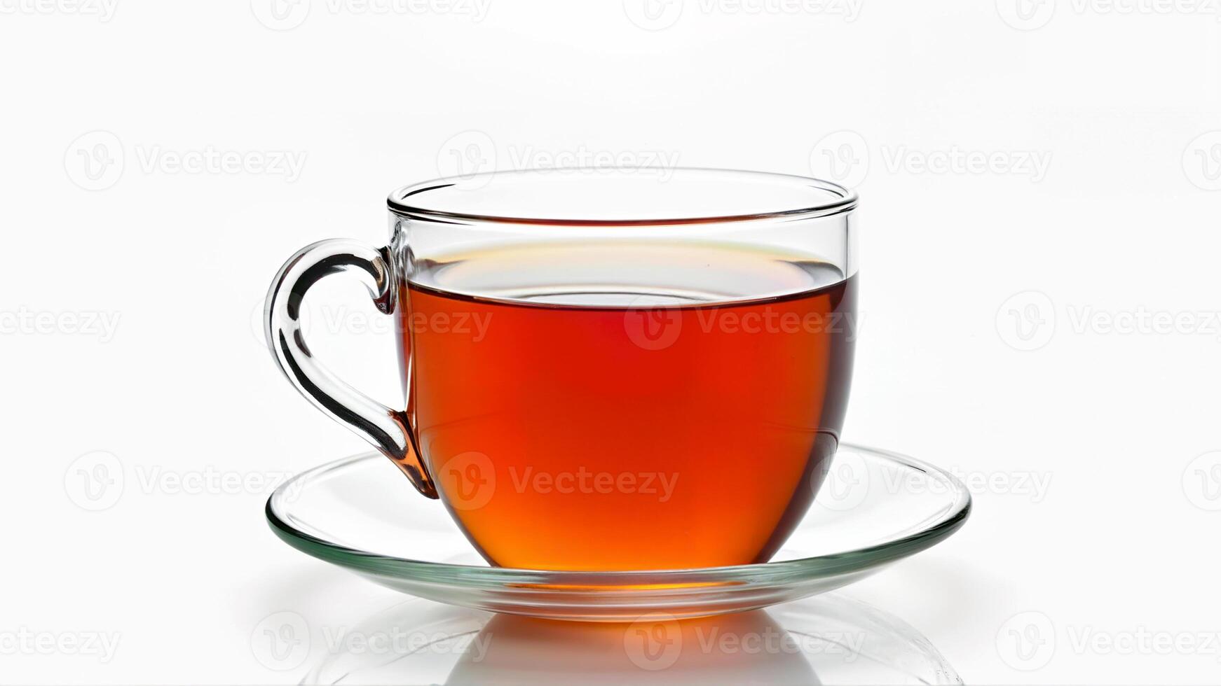 A transparent glass cup with brewed tea sits on a matching saucer, isolated on a white background. The image is suitable for illustrating beverage, refreshment, or tea-related concepts. photo