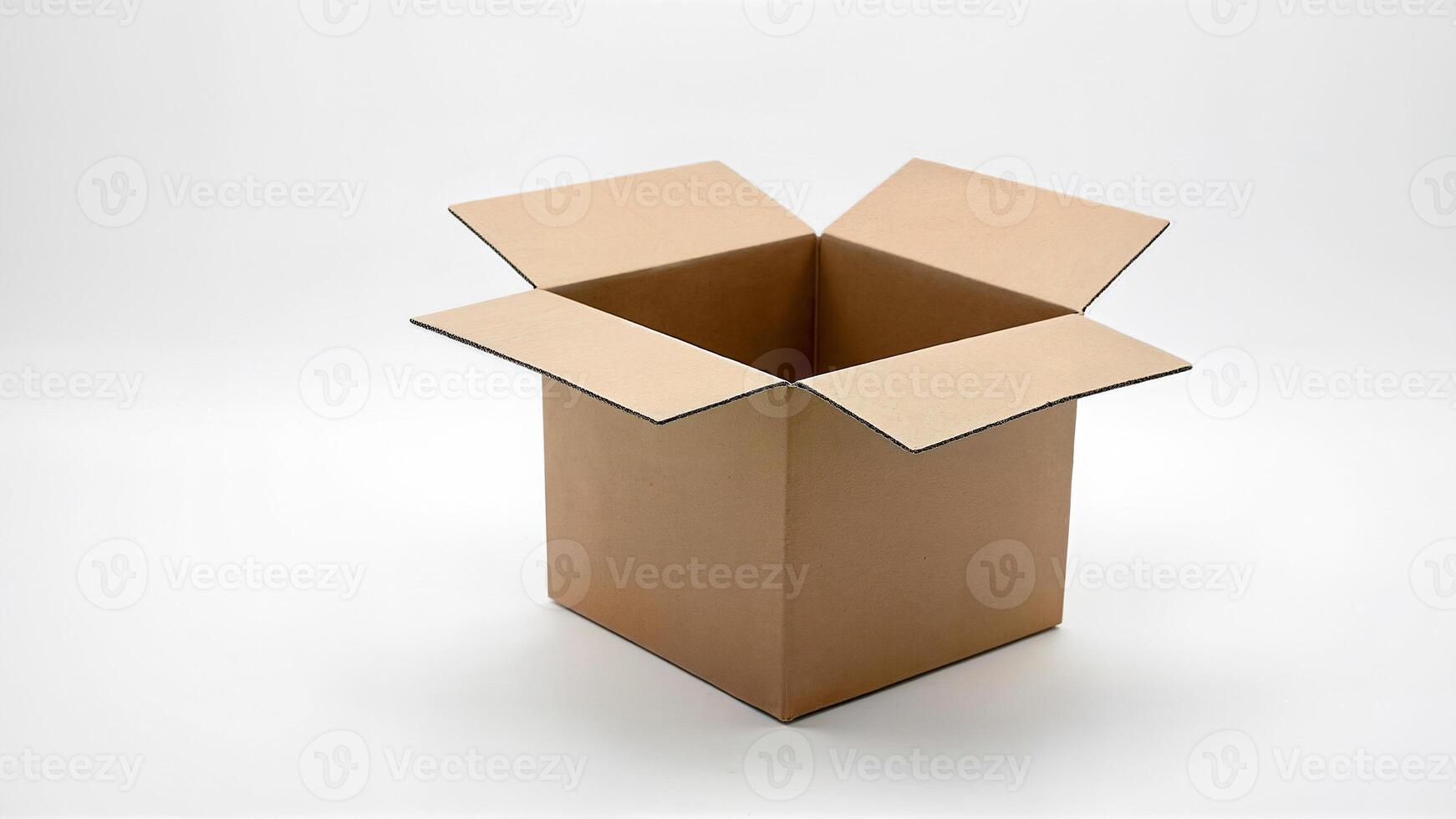 Open cardboard box displayed isolated on a white background for packaging, shipping, or moving purposes. For storage, delivery, or product presentation. photo