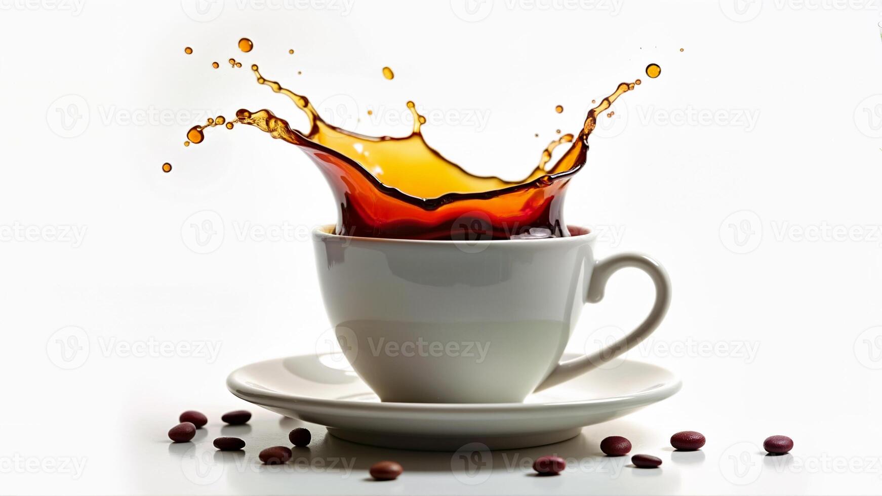 Aromatic coffee splashes out of a white cup, isolated on a clean background. Image is suitable for beverage, cafe, and breakfast concepts. photo