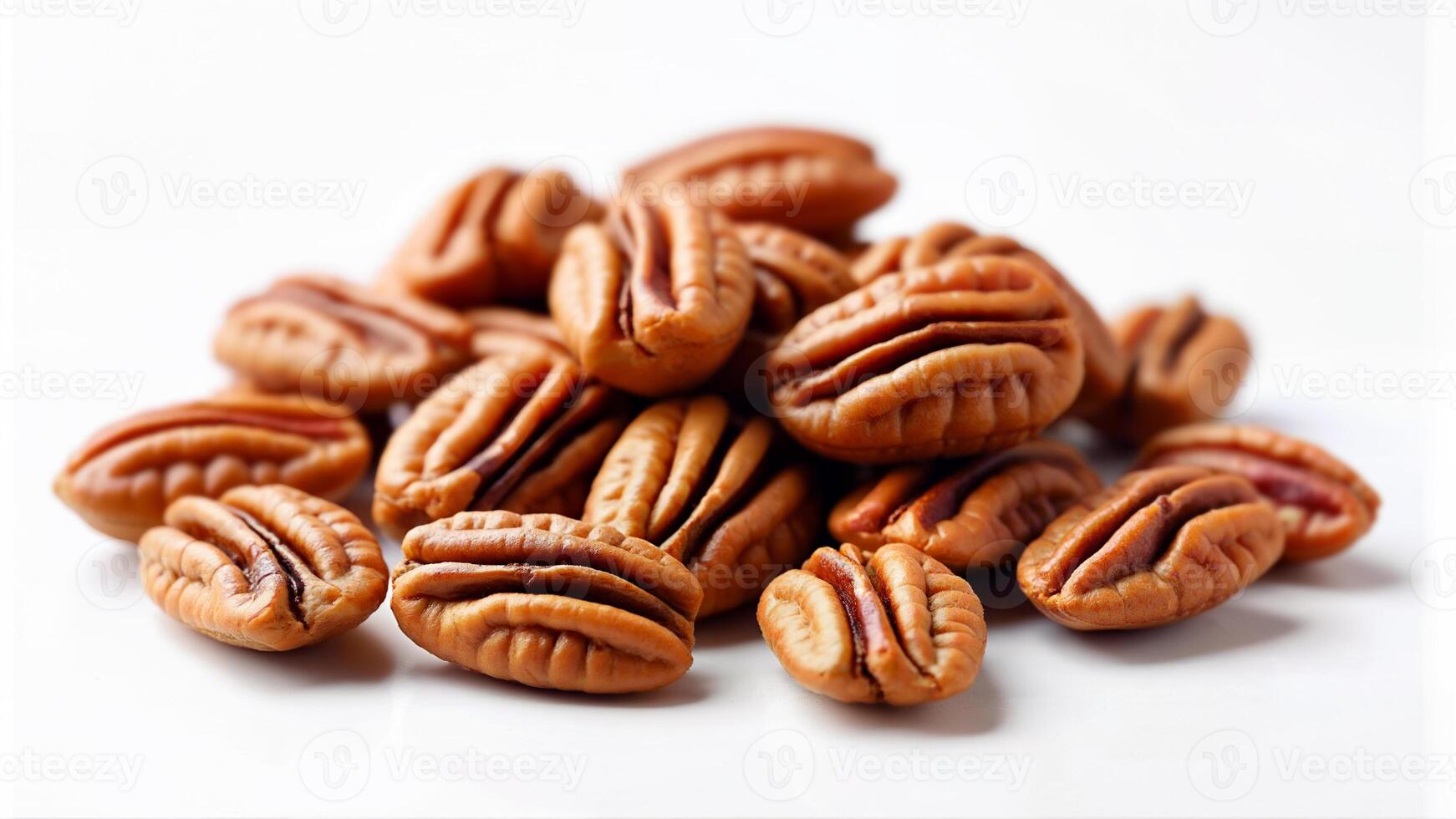 A pile of crunchy pecan nuts is isolated on a clean white background for food, nutrition, or ingredient concepts. The image is suitable for illustrating healthy snacks, recipes, or nut varieties. photo