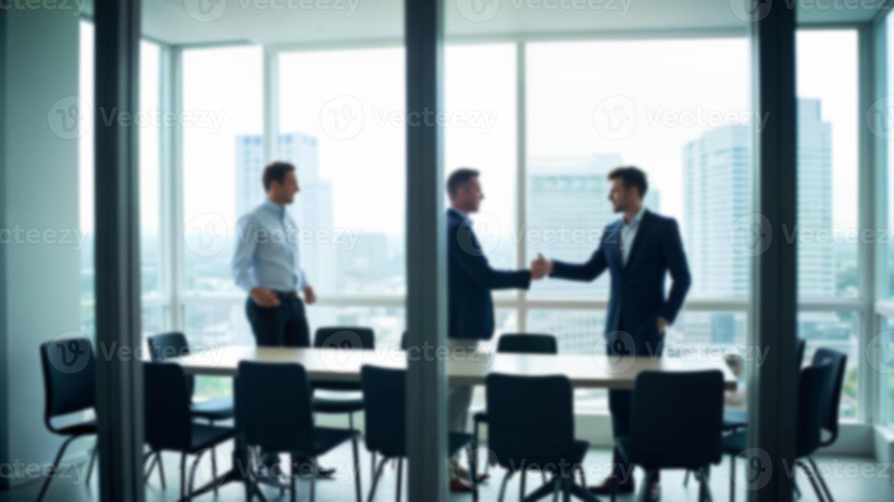 Blurred professionals handshake meeting in modern office. Suitable for business, partnership, or corporate agreement context and purpose. photo