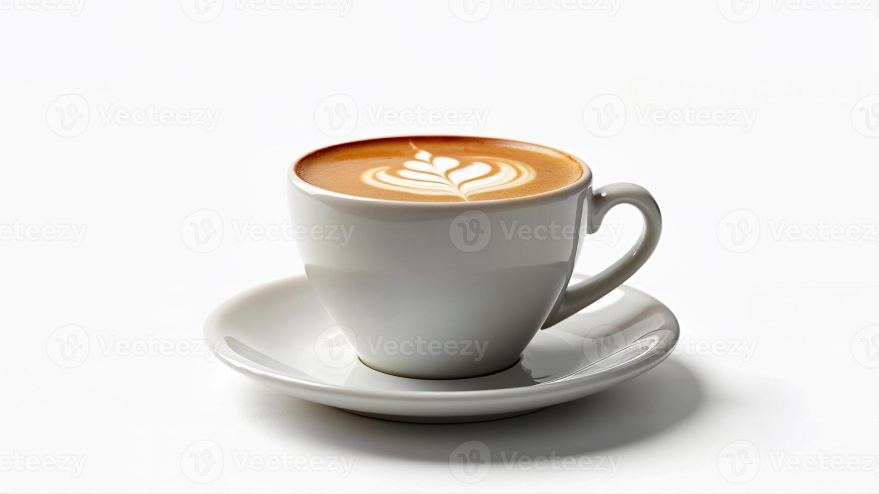 A single cup of aromatic coffee with latte art is isolated on a white background. The image is suitable for illustrating beverages, cafes, or coffee culture. photo
