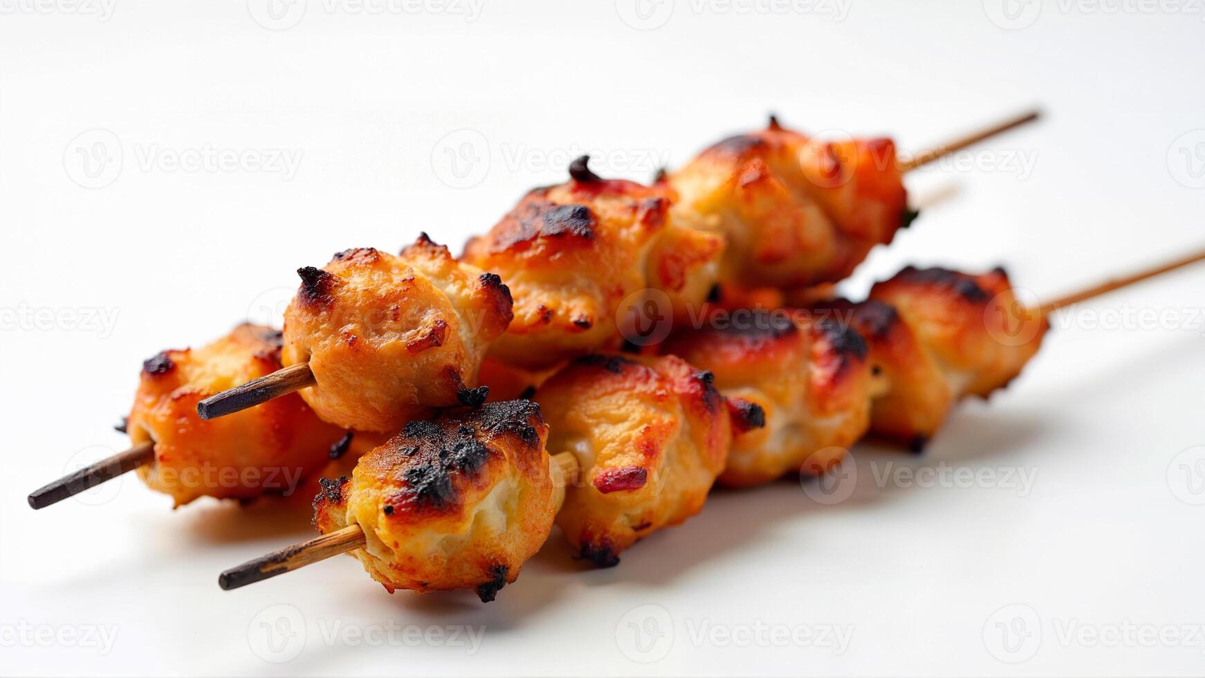 Grilled chicken skewers arranged on a clean white surface for food presentation or menu design. Image is isolated for use in culinary, restaurant, or recipe contexts. photo