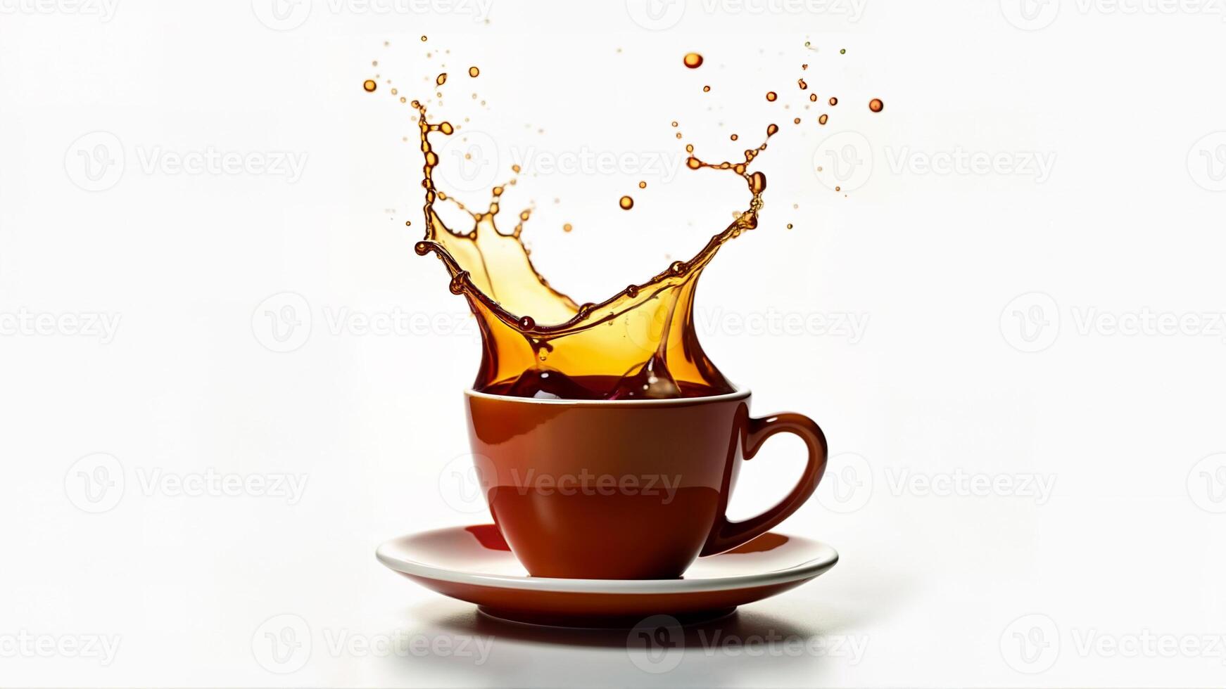 Aromatic coffee splashes out of a brown cup on a white isolated background. The image is suitable for beverage, cafe, or breakfast concepts. photo
