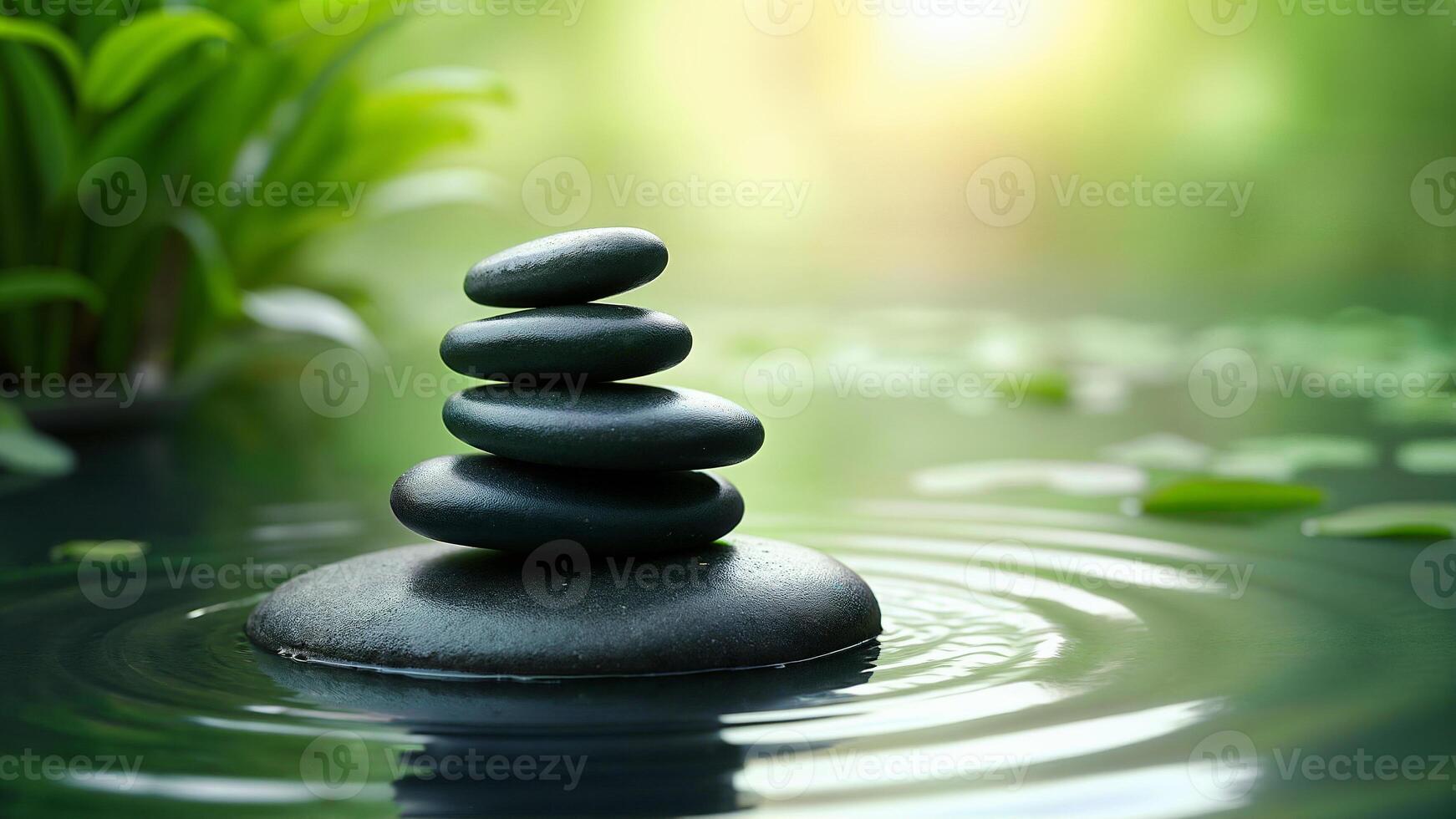 Calm stones stacked for meditation purpose. Peaceful context for wellness, spa, or relaxation themes in visual content. photo