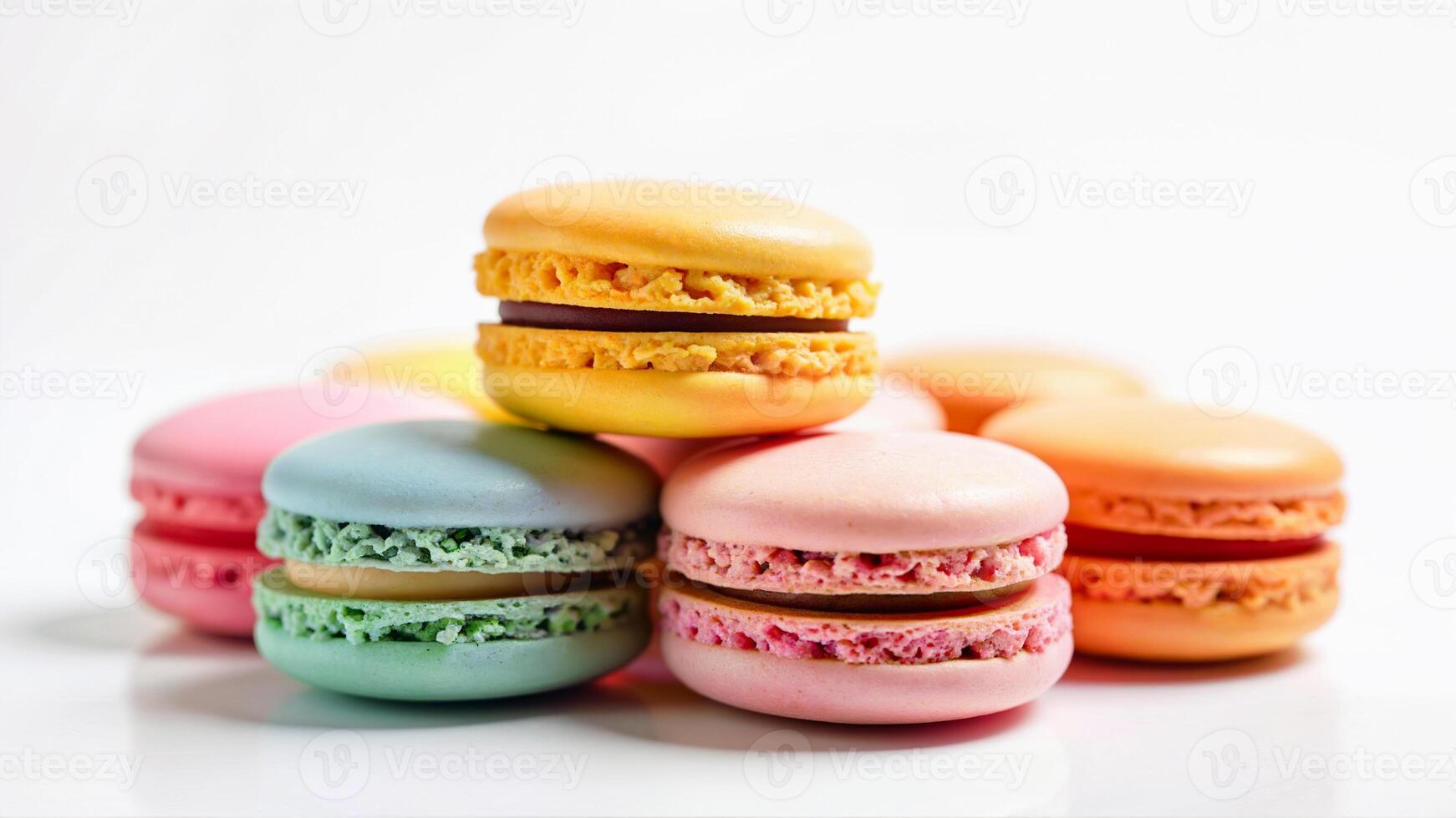 Pastel macarons isolated on a white background for food presentation. Suitable for bakery, dessert, and confectionery themes in digital or print projects. photo
