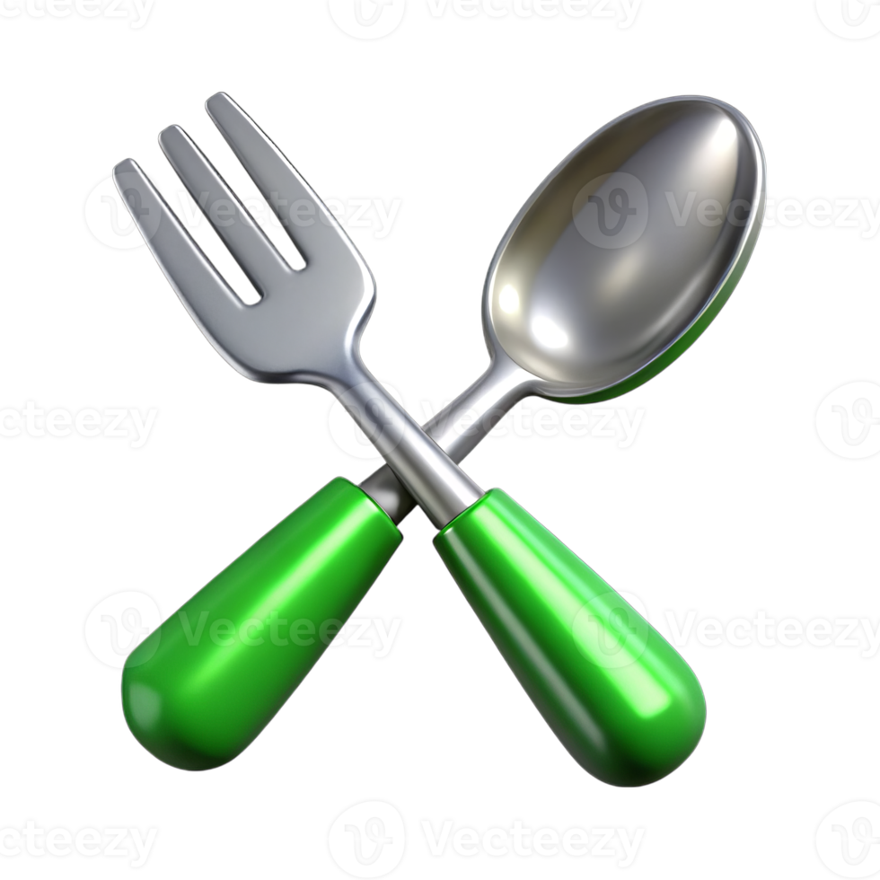 Green handled spoon and fork crossed isolated on transparent background png