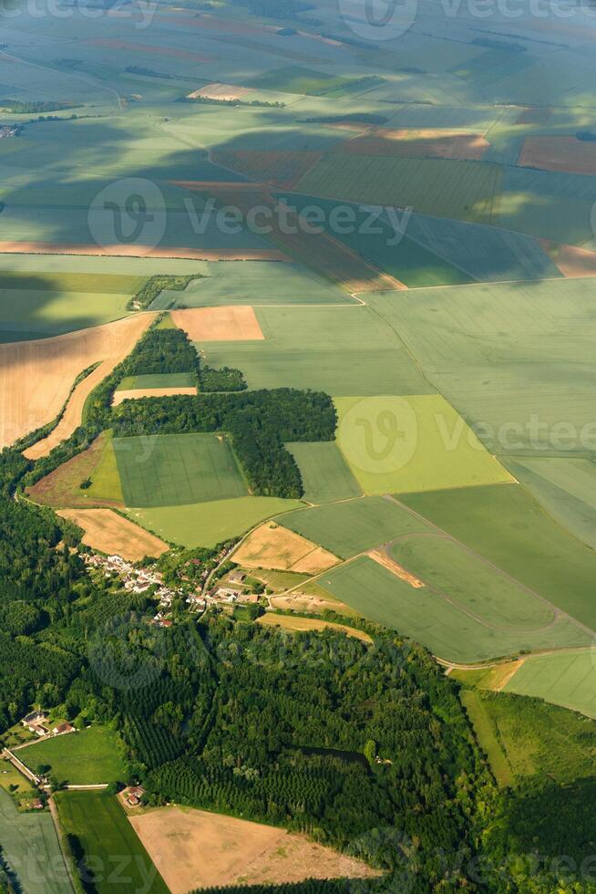 Aerial View of Patchwork green Farmland Fields and forest photo