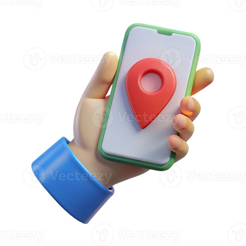 Cartoon hand holding smartphone with location pin isolated on transparent background png