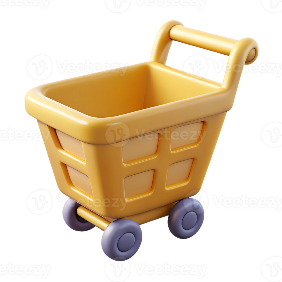 Cute yellow shopping cart 3d render isolated on transparent background png