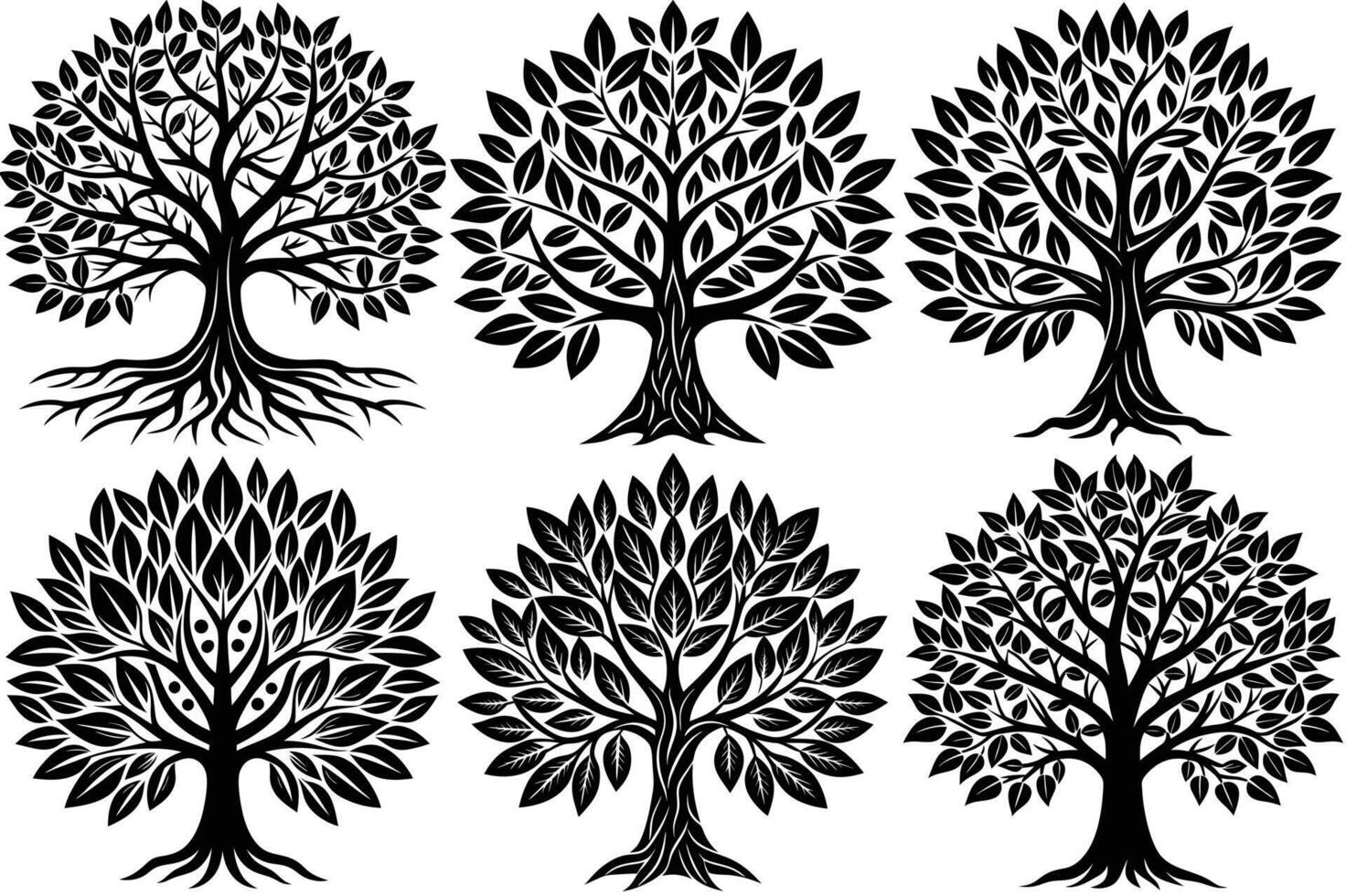 Six Black and White Detailed Tree Silhouettes with Varied Foliage vector