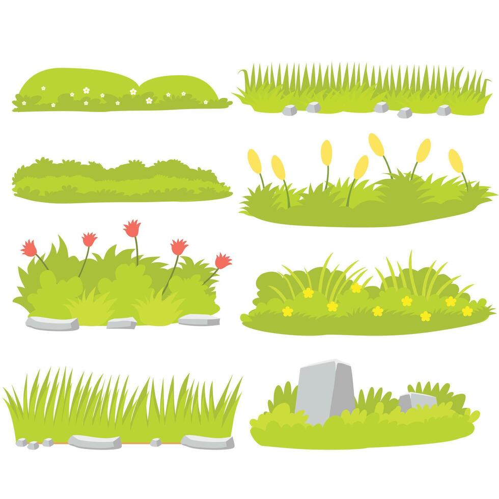 Collection of grass and bushes elements in cartoon style. Flat design clipart landscape vector