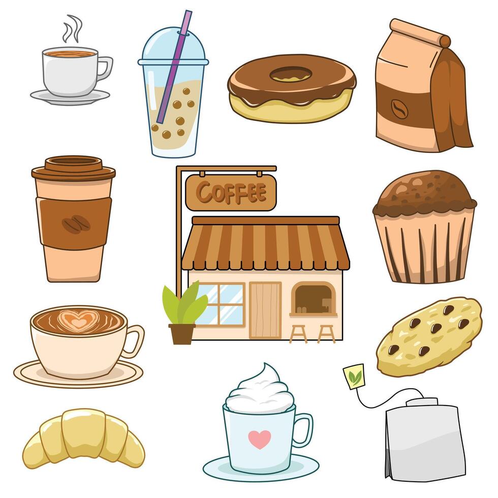 Coffee shop elements collection in cartoon style. Flat design clip art of food and drinks vector
