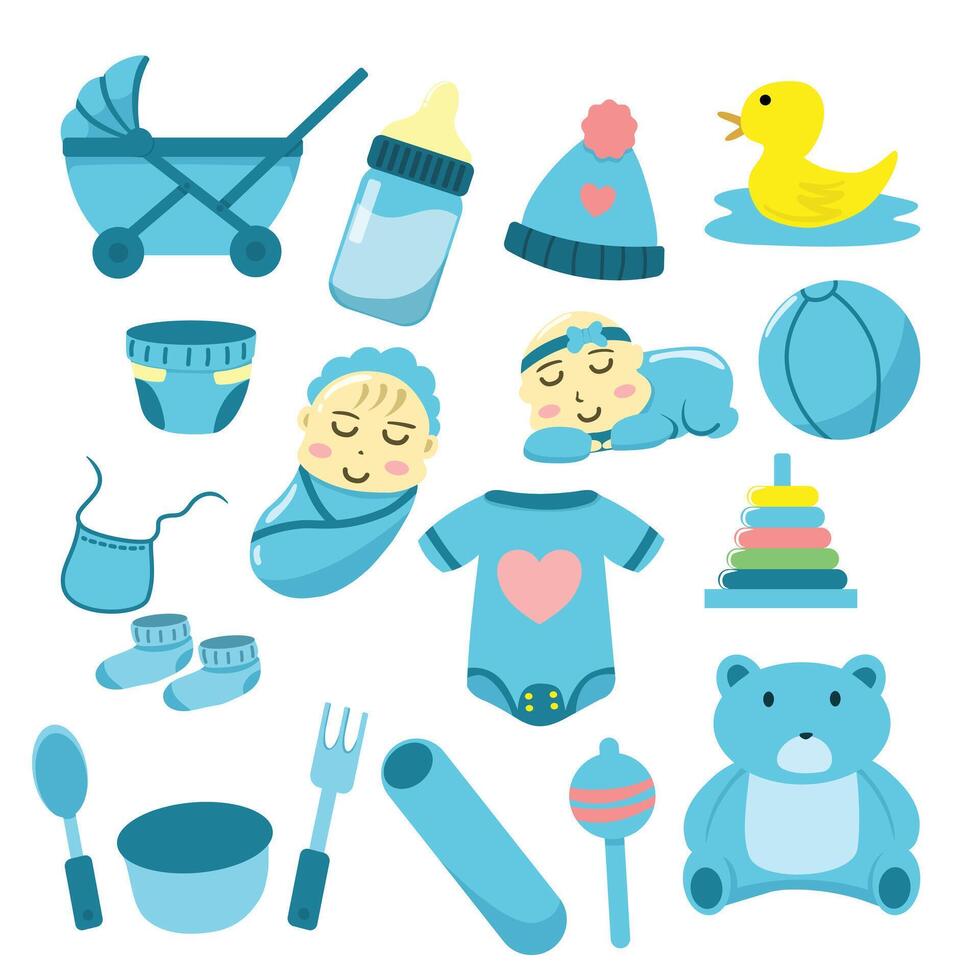 collection of baby elements in cartoon style. Flat design clip art of baby supplies vector