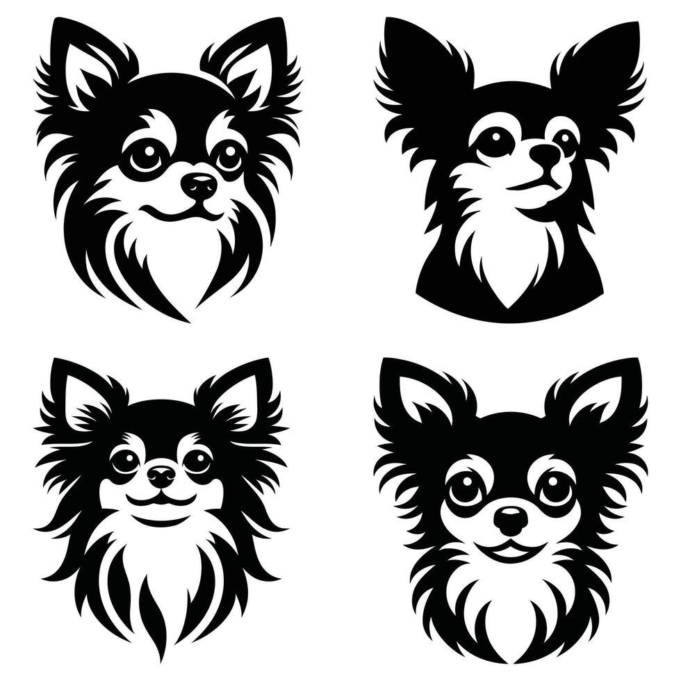 Four black and white chihuahua dog head illustrations vector