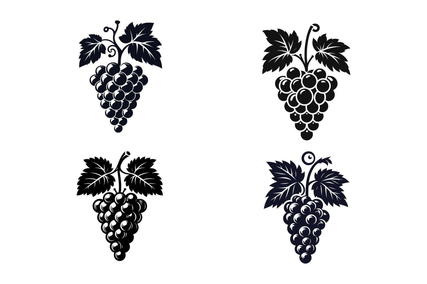 Black and White Grape Icon Set with Silhouette Style Illustration vector