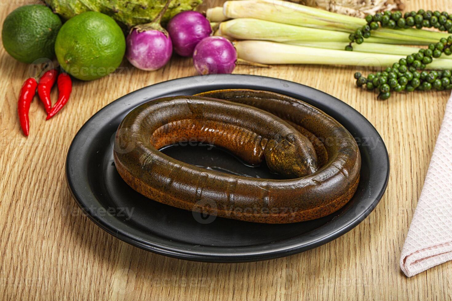 A plate of food on a table with vegetables and a snake photo