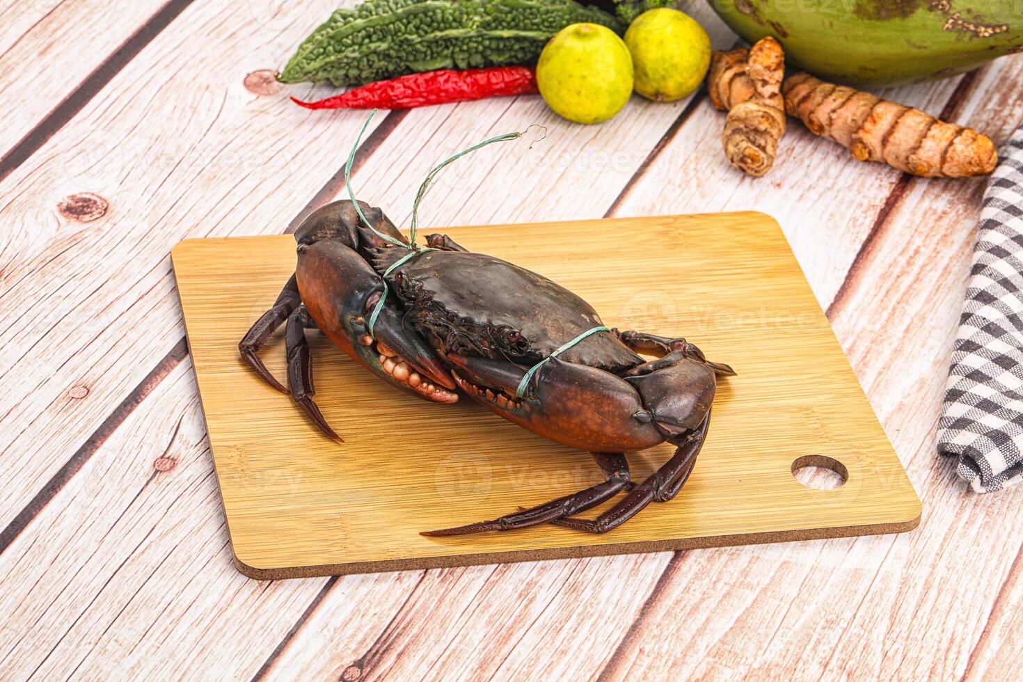 A crab on a cutting board with other vegetables and spices photo