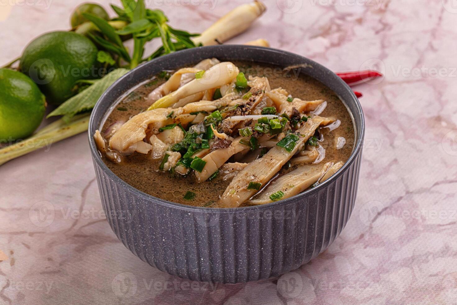 A bowl of soup with a green leaf photo