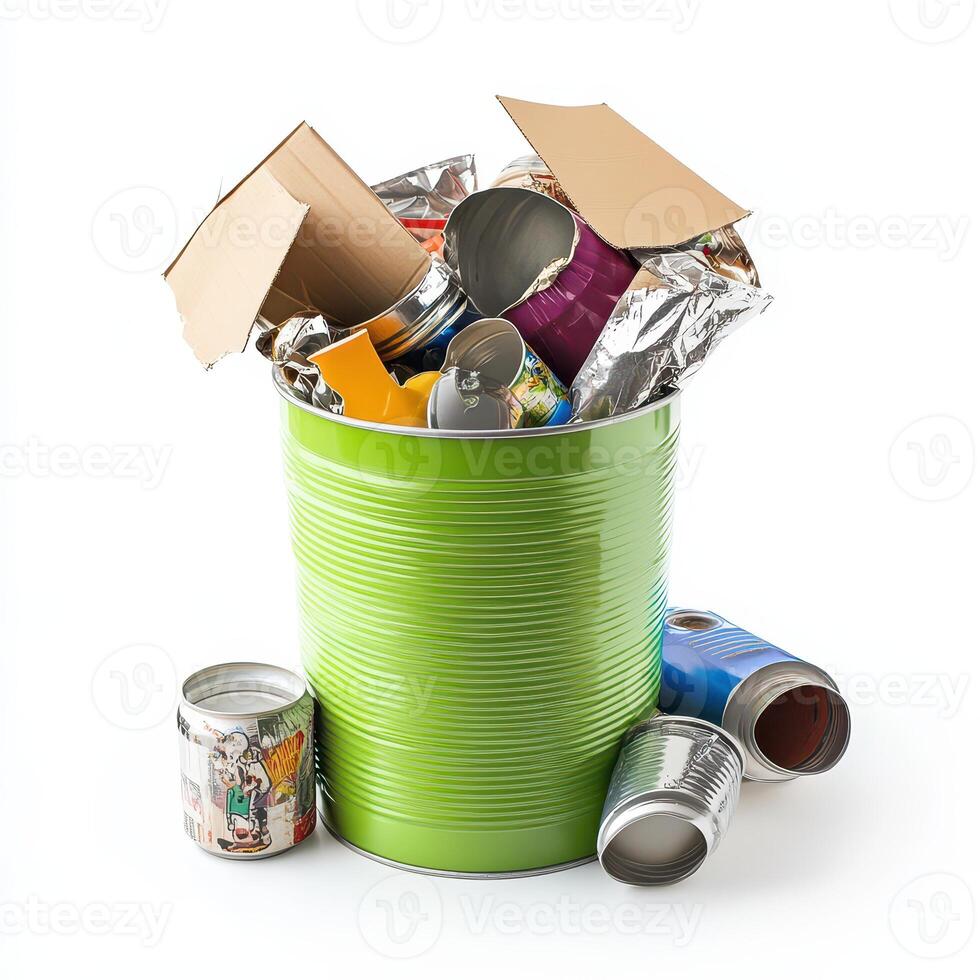 Colorful recycling bin with mixed trash photo