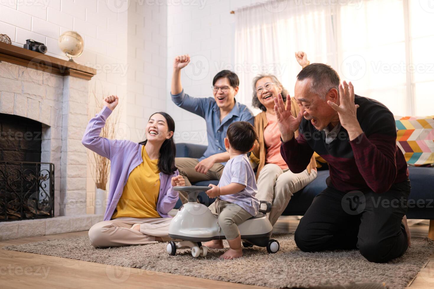 Happy multi-generational Asian family enjoying quality time together at home,41 photo