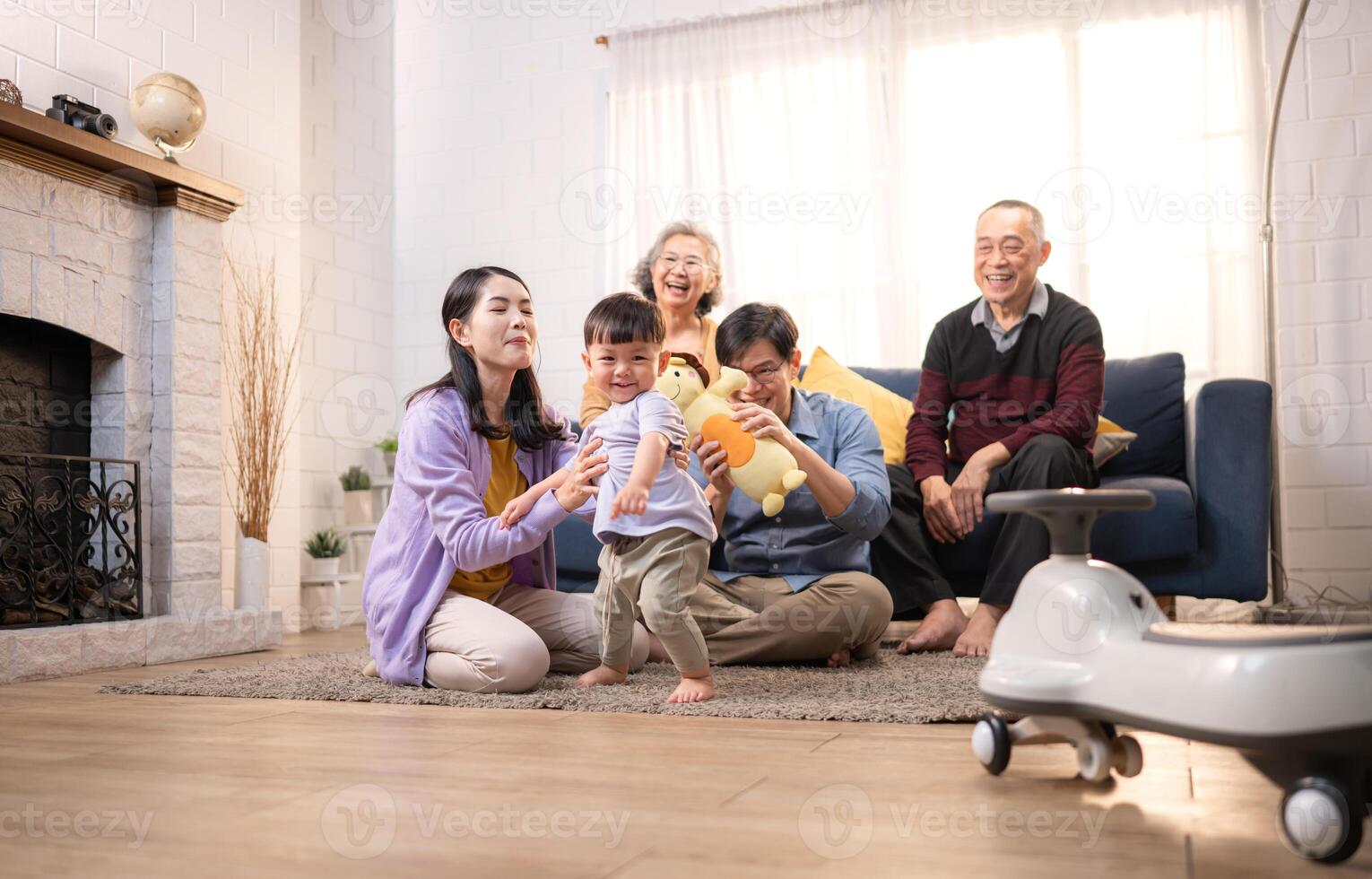 Happy multi-generational Asian family enjoying quality time together at home,40 photo