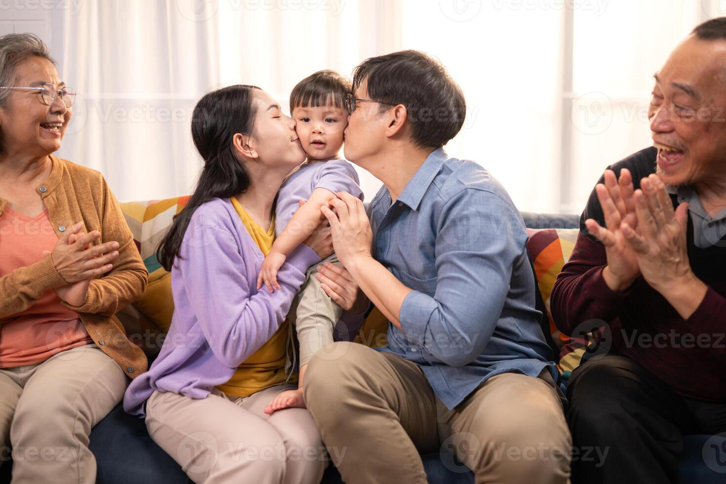 Happy multi-generational Asian family enjoying quality time together at home,31 photo