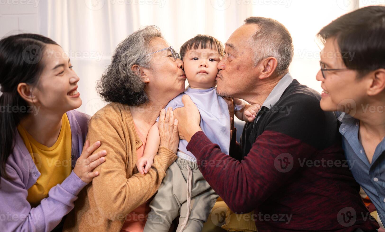 Happy multi-generational Asian family enjoying quality time together at home,24 photo