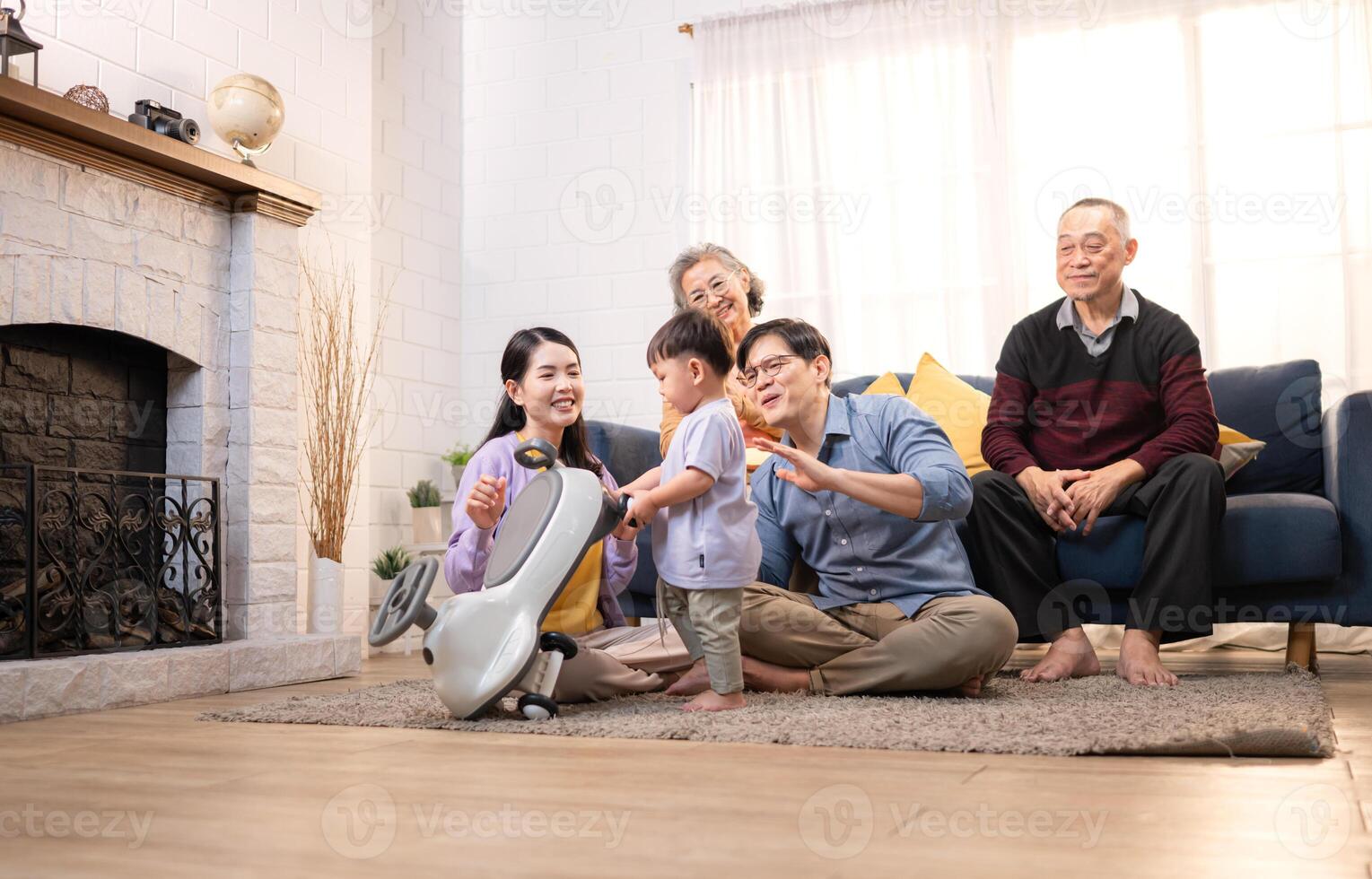 Happy multi-generational Asian family enjoying quality time together at home,12 photo