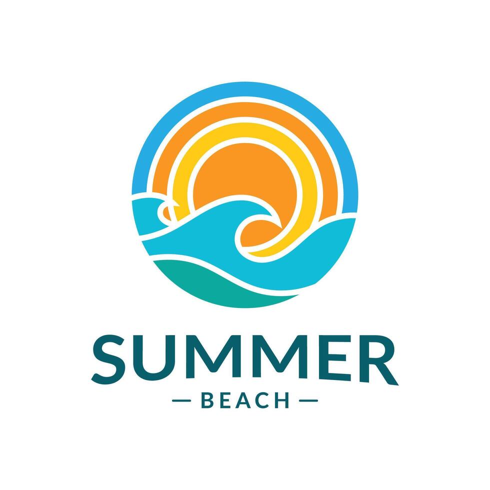 Summer beach themed icon with sun and ocean wave vector