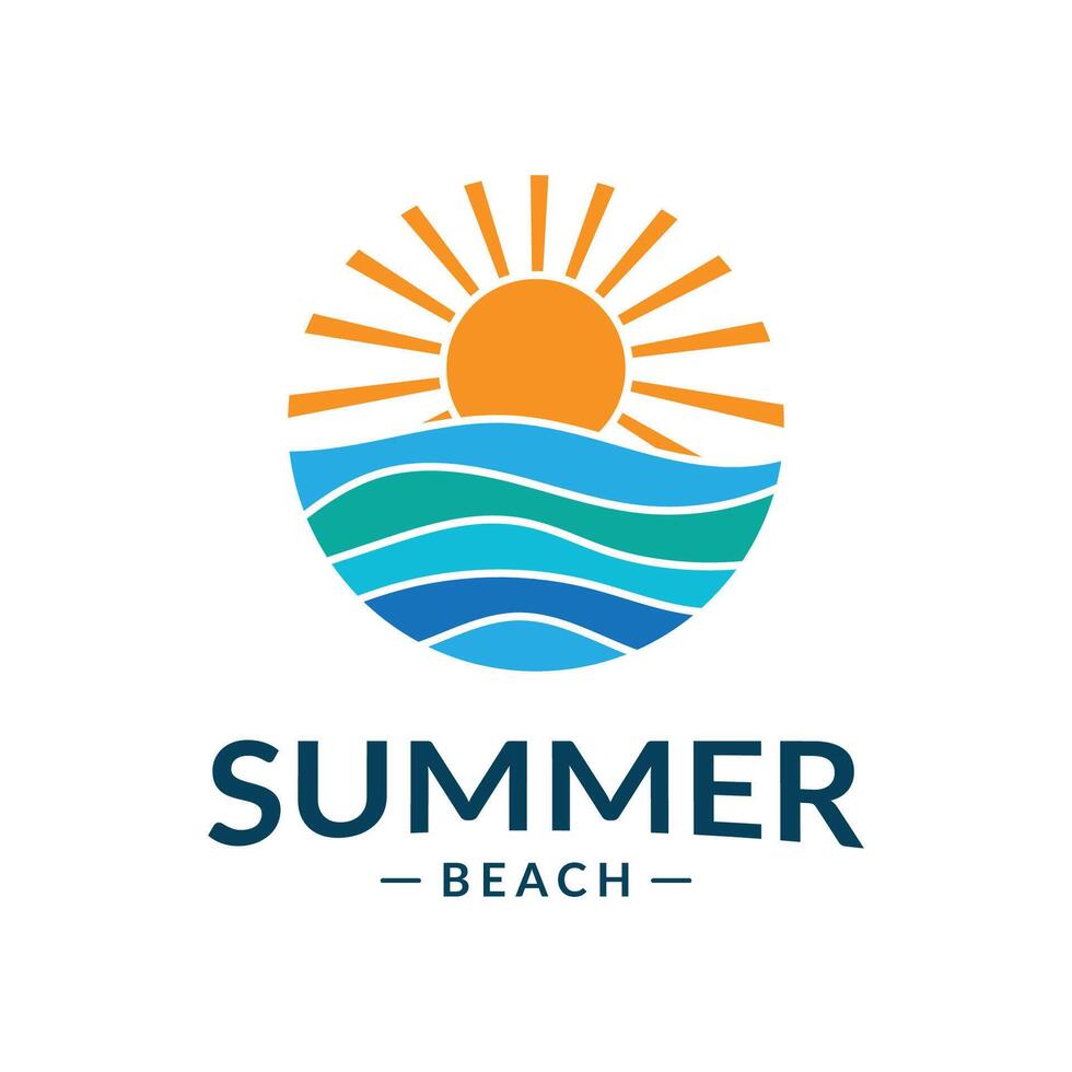 Beach logo with a vibrant sun and ocean waves vector