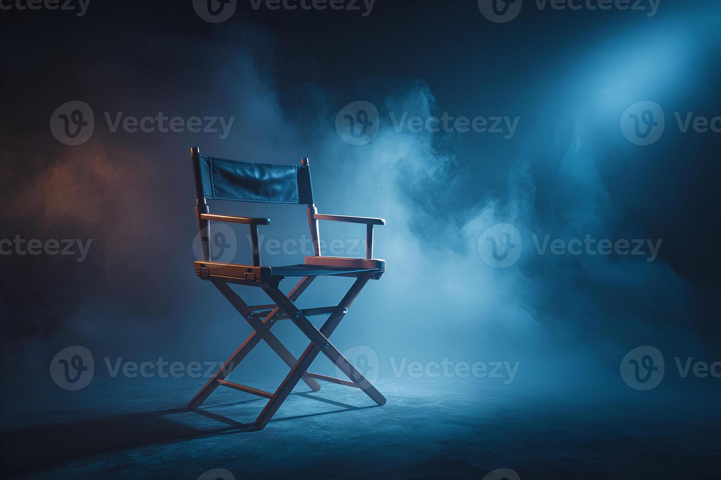Director's chair illuminated by spotlights in smoky studio setting photo