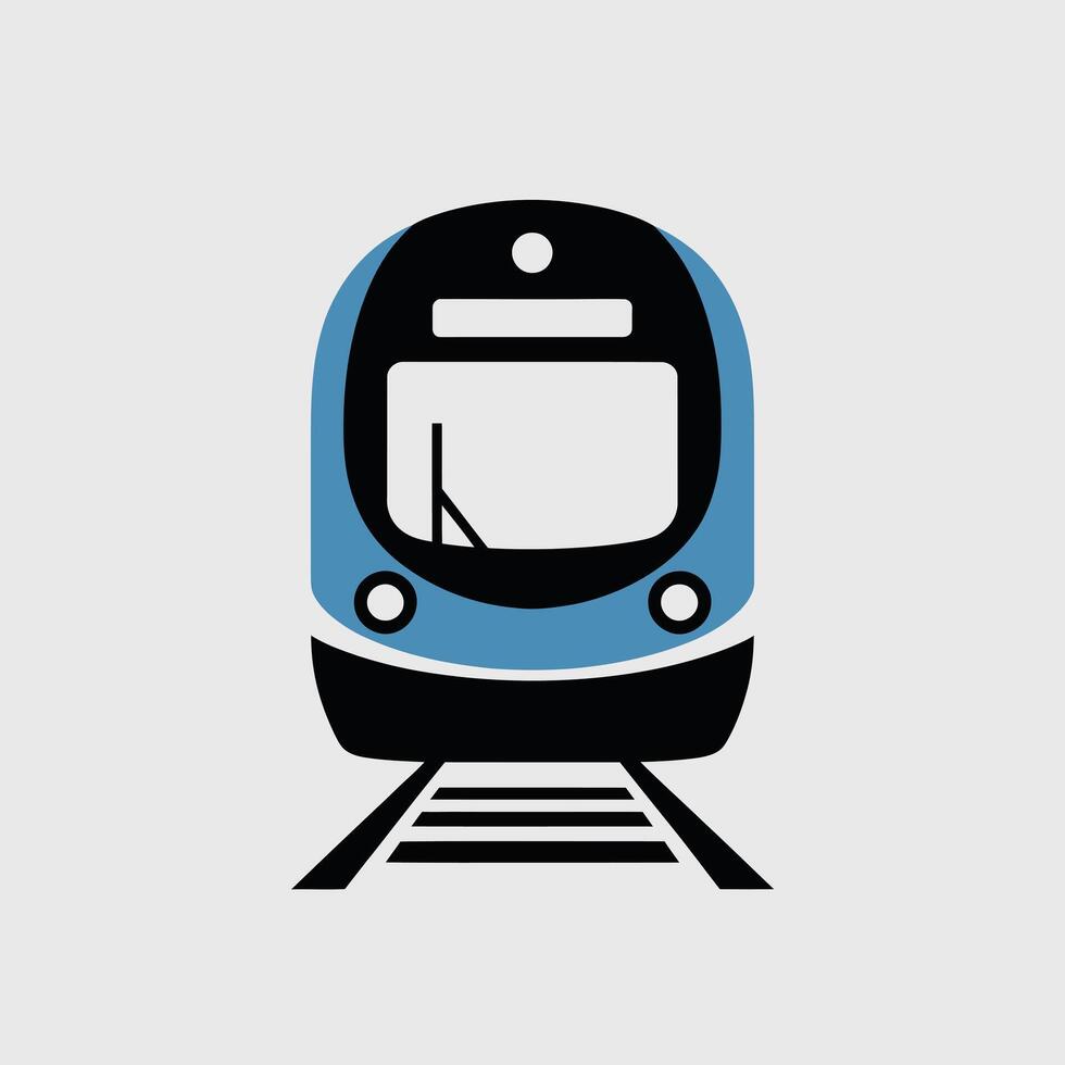 Minimalist blue and black front view train transportation icon illustrating travel and urban rail system modern design vector