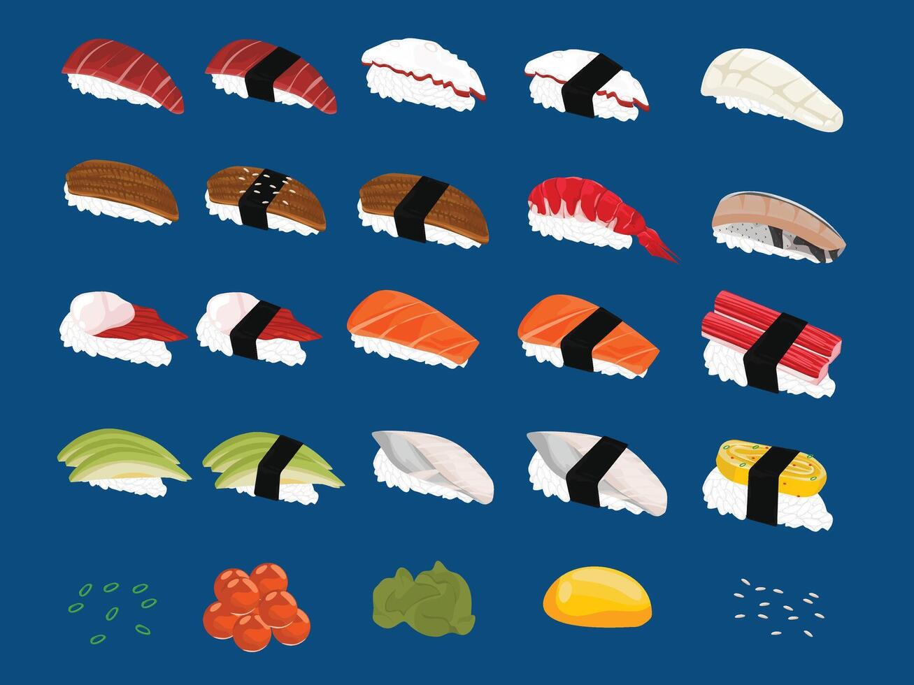 Assorted Fresh Japanese Nigiri Sushi with Colorful Garnishes on Clean Plate vector