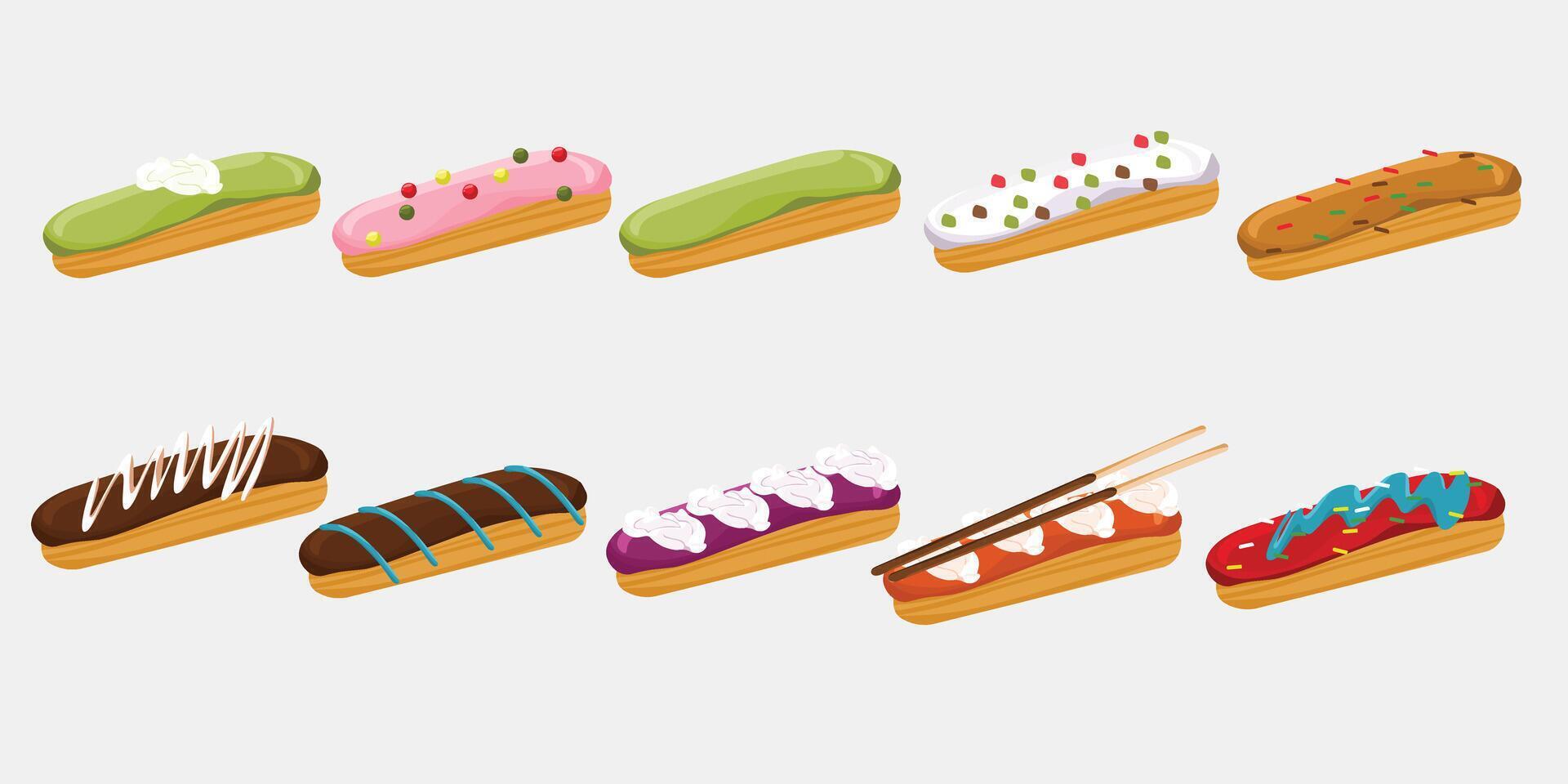 French Eclairs with Tiramisu Chocolate Strawberry and Matcha Toppings for Elegant Dessert vector