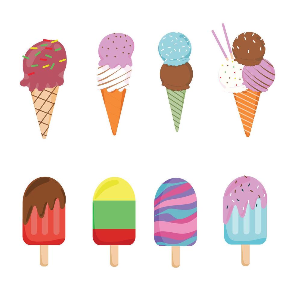 Colorful Ice Cream and Gelato Set with Popsicles and Cones vector