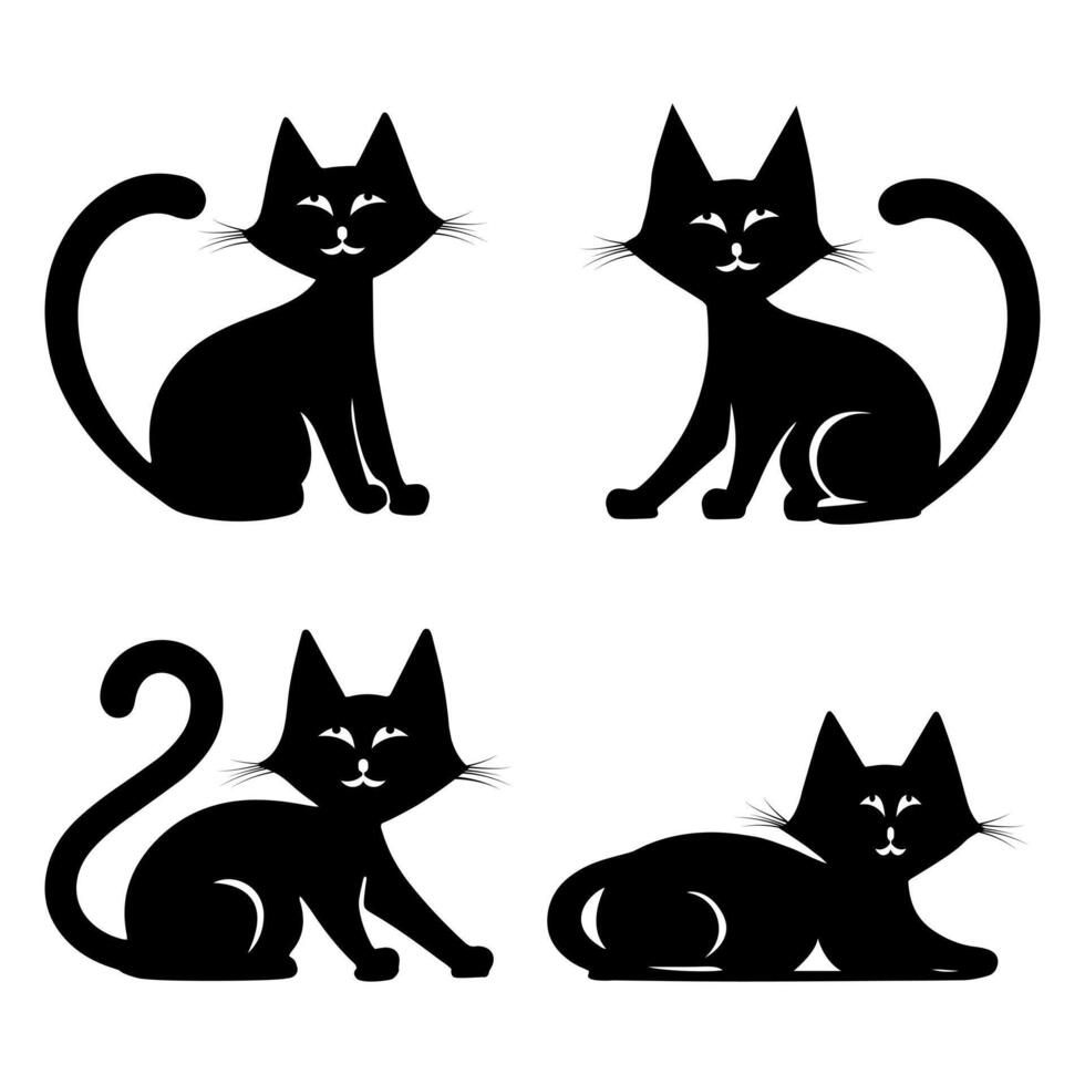 set of cat silhouette on a white background. Pet cat illustration in different poses. Realistic cat in black shape for design elements vector