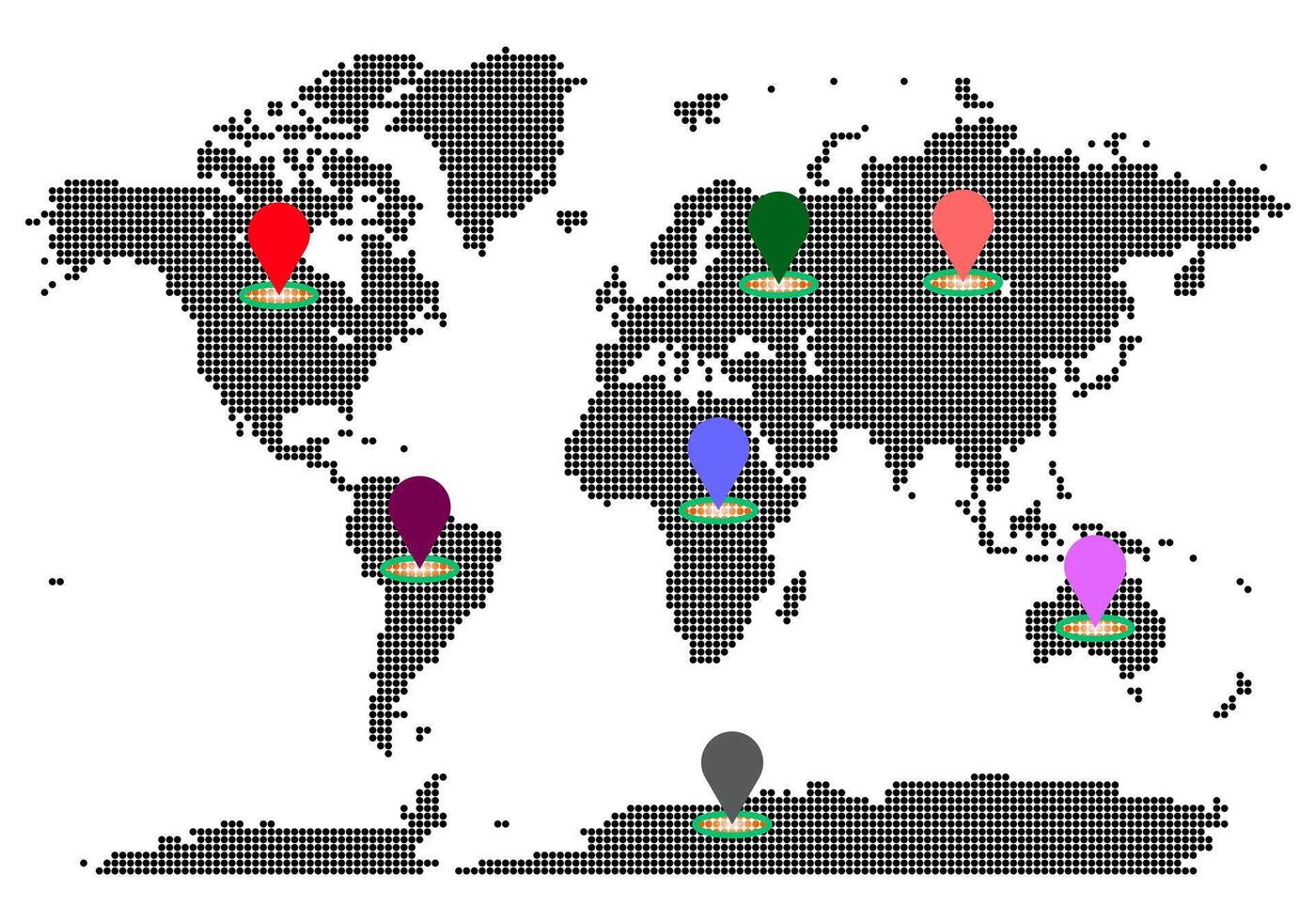 Dotted map showcasing earth borders with circle patterns and showing continent location vector