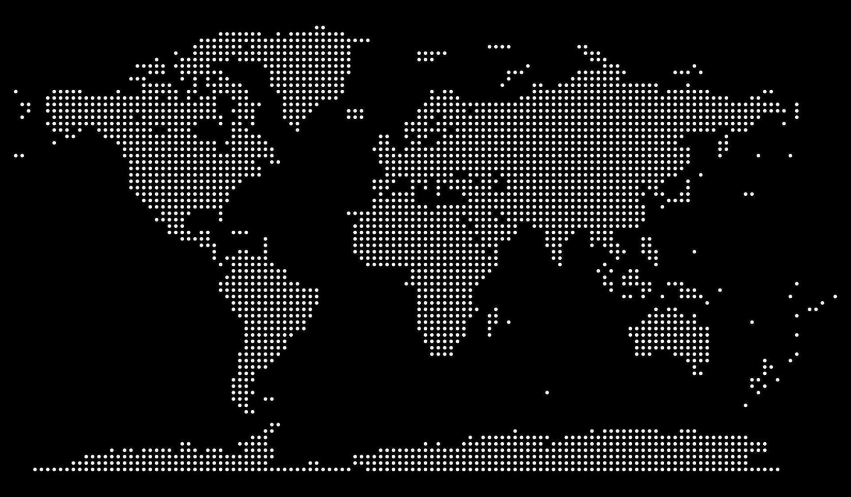 Dotted world map on black background with detailed geographic representation of every continent. Ideal for cartography, infographics, or presentations. Dotted world map in country boundary vector