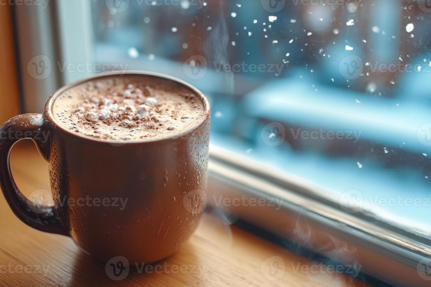 Steaming cup of coffee by the window on snowy day photo