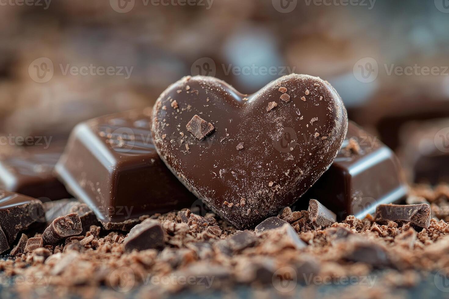 Chocolate heart resting on chocolate bar surrounded by chocolate shavings photo