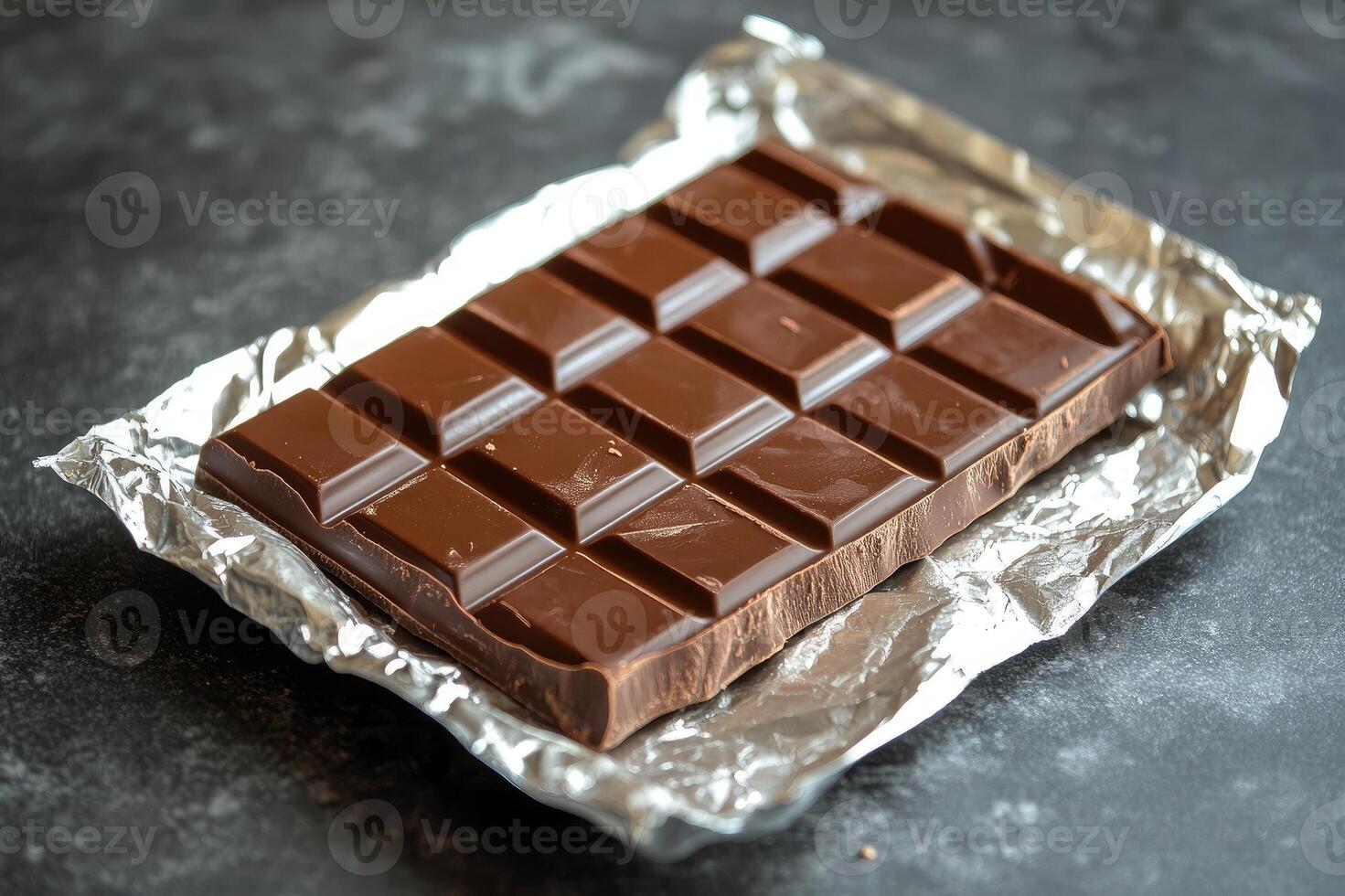 Delicious dark chocolate bar wrapped in foil is sitting on table photo