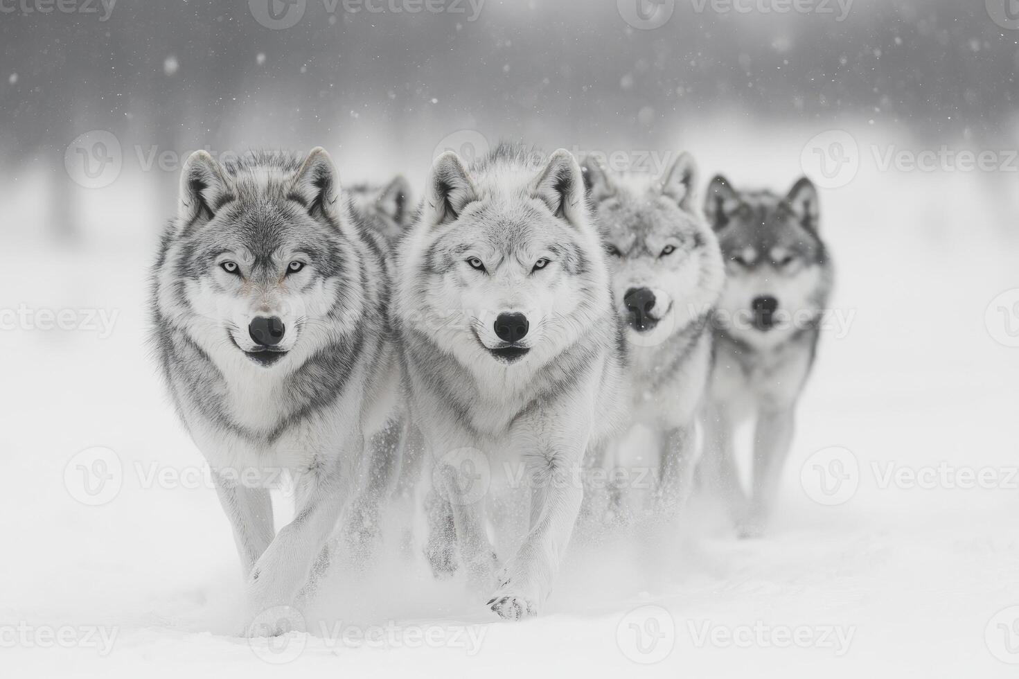 Pack of wolves running through snowy landscape photo