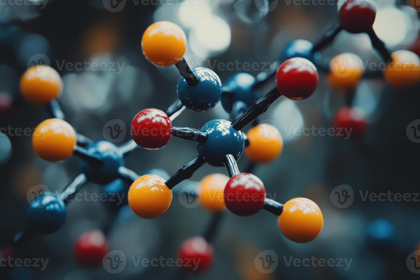 3d rendering of a molecule model with colorful atoms and bonds photo