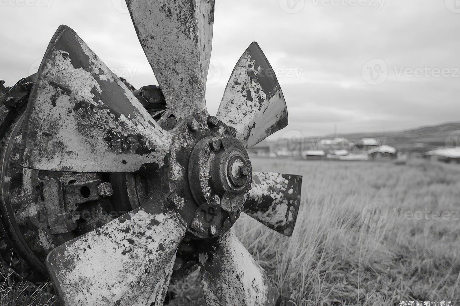 Old rusty industrial fan lying in a field with buildings in background photo
