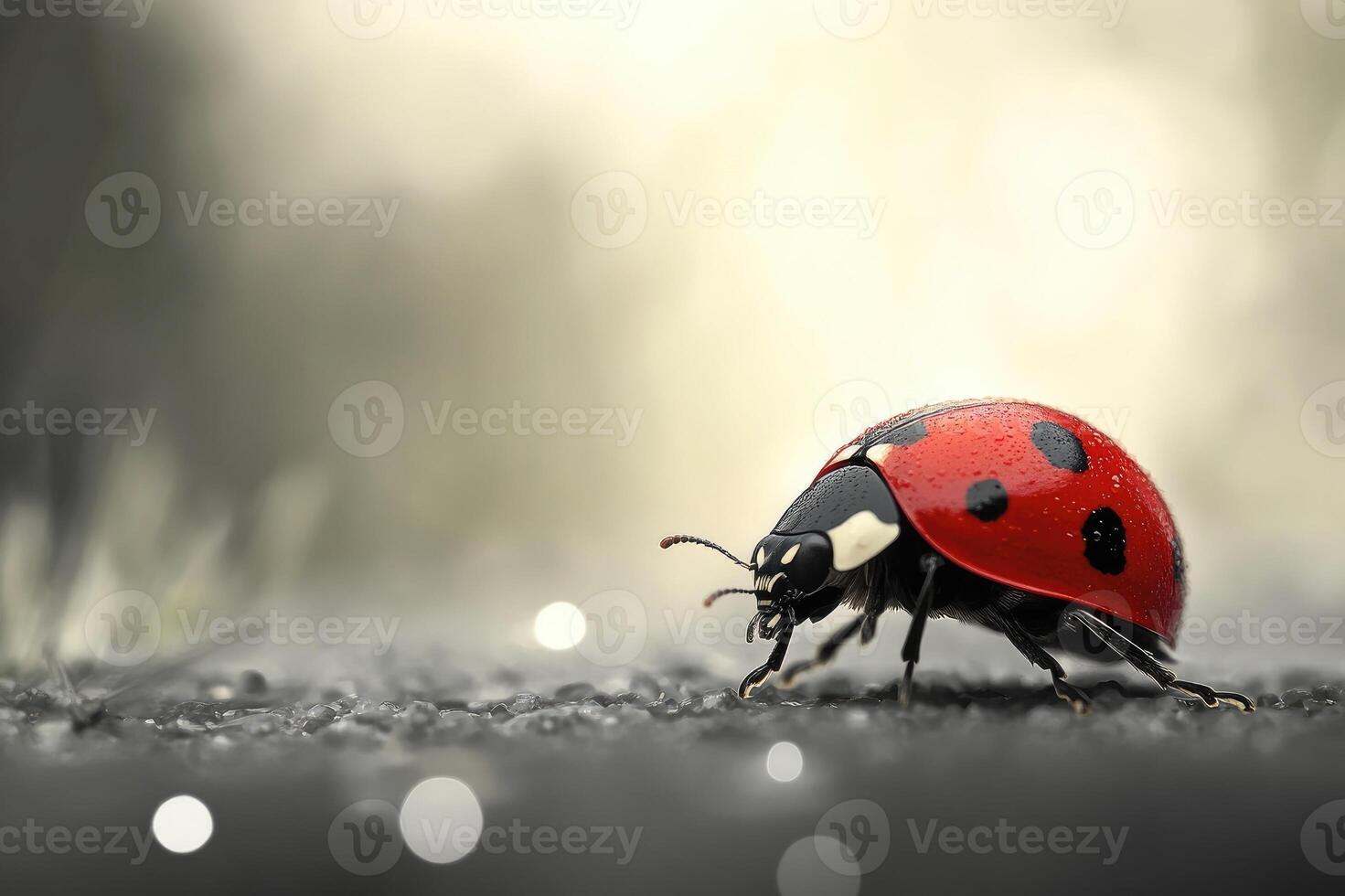 Red ladybug walking on the ground in springtime photo